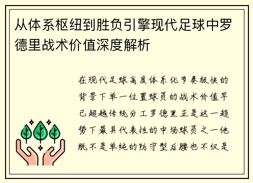从体系枢纽到胜负引擎现代足球中罗德里战术价值深度解析